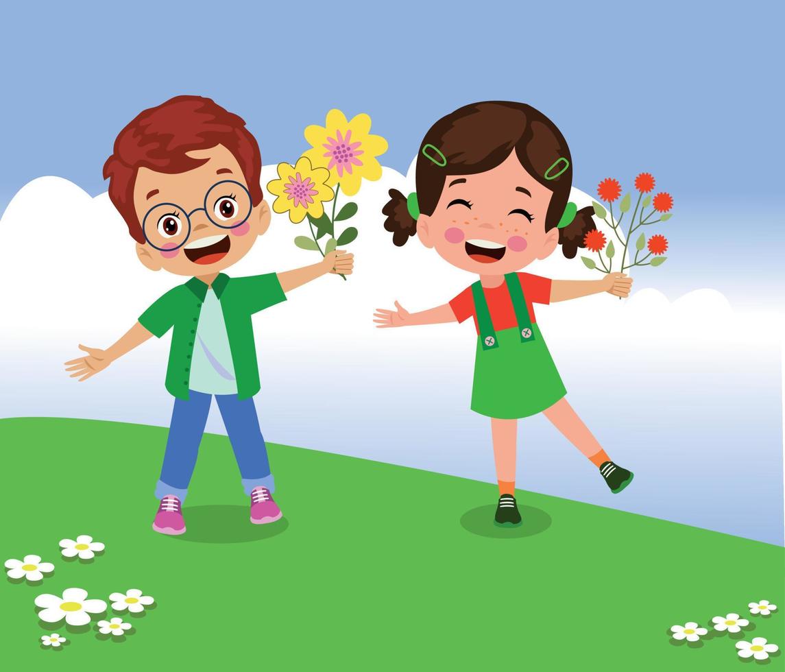 cute happy boy holding flower vector