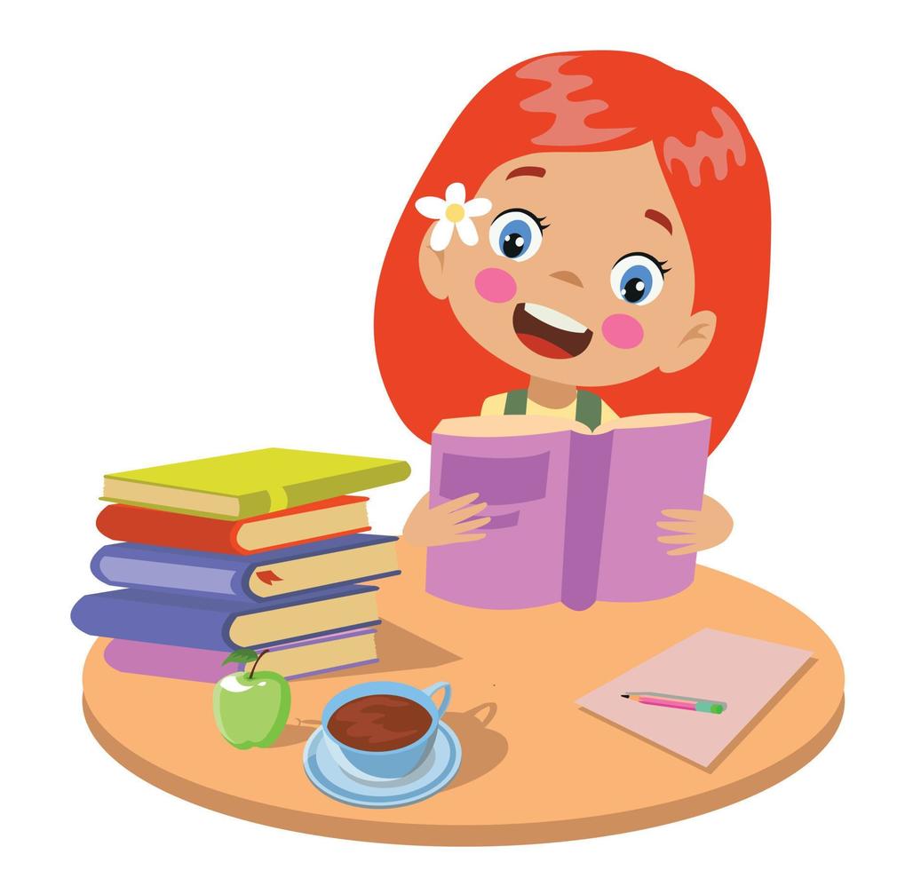 cute kid reading a book at the round table vector