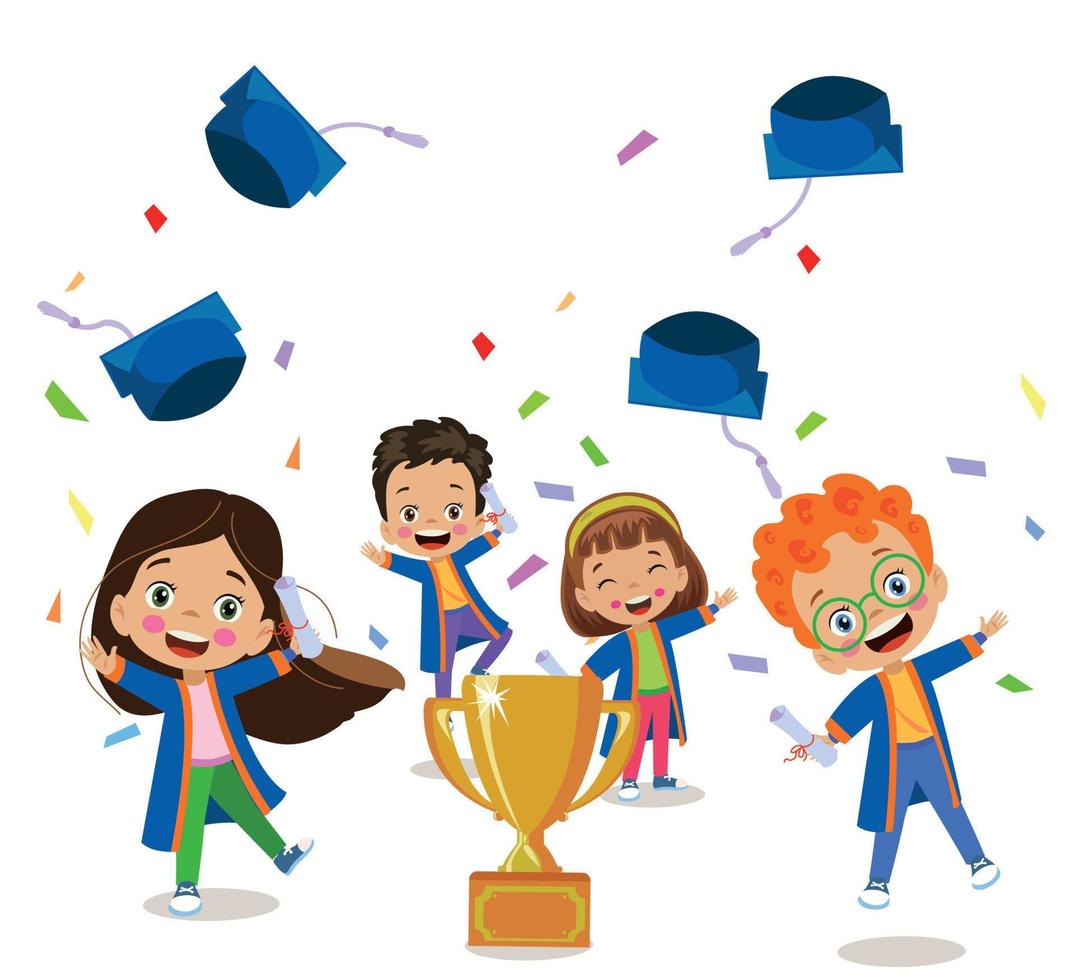 cute kids with graduation celebration and gold trophy vector