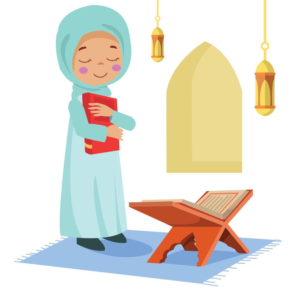 cute happy boy reading quran vector