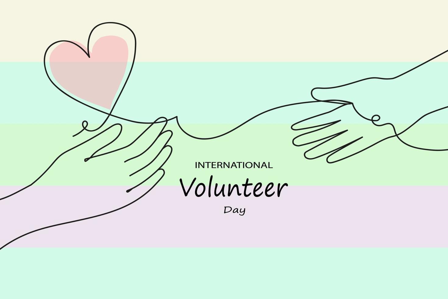 Internatuinal volunteer day awareness. Continuous line palms hold hearts.Vector doodle illustratuon for banner, poster vector