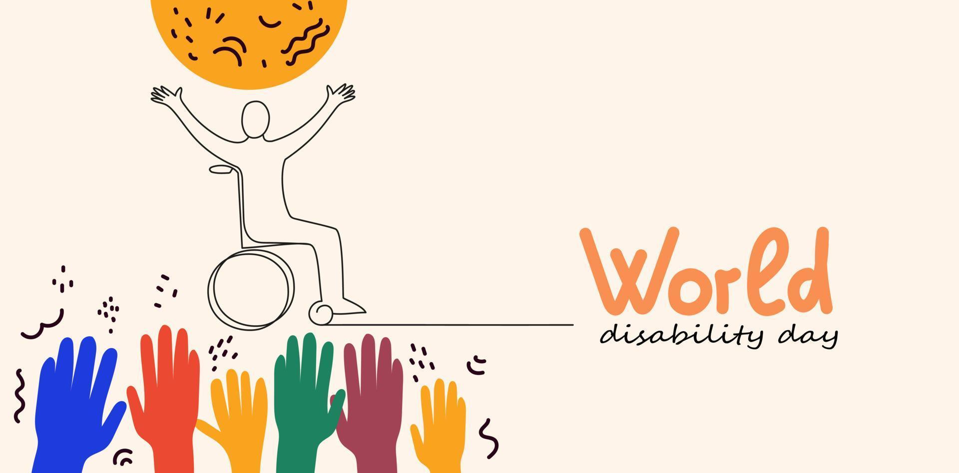 Person in wheelchair. World Disability day vector doodle banner. Continuous line drawing illustration for social media.