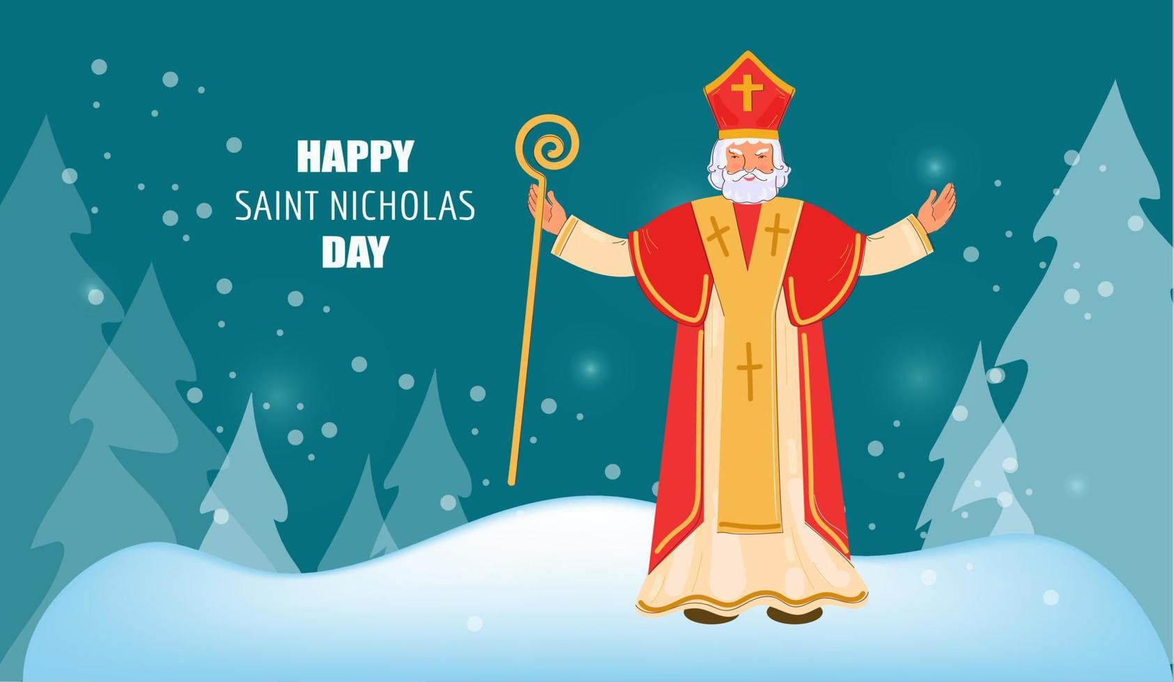 Saint Nicholas day greeting card. Banner on dark night background. Vector dppdle cartoon