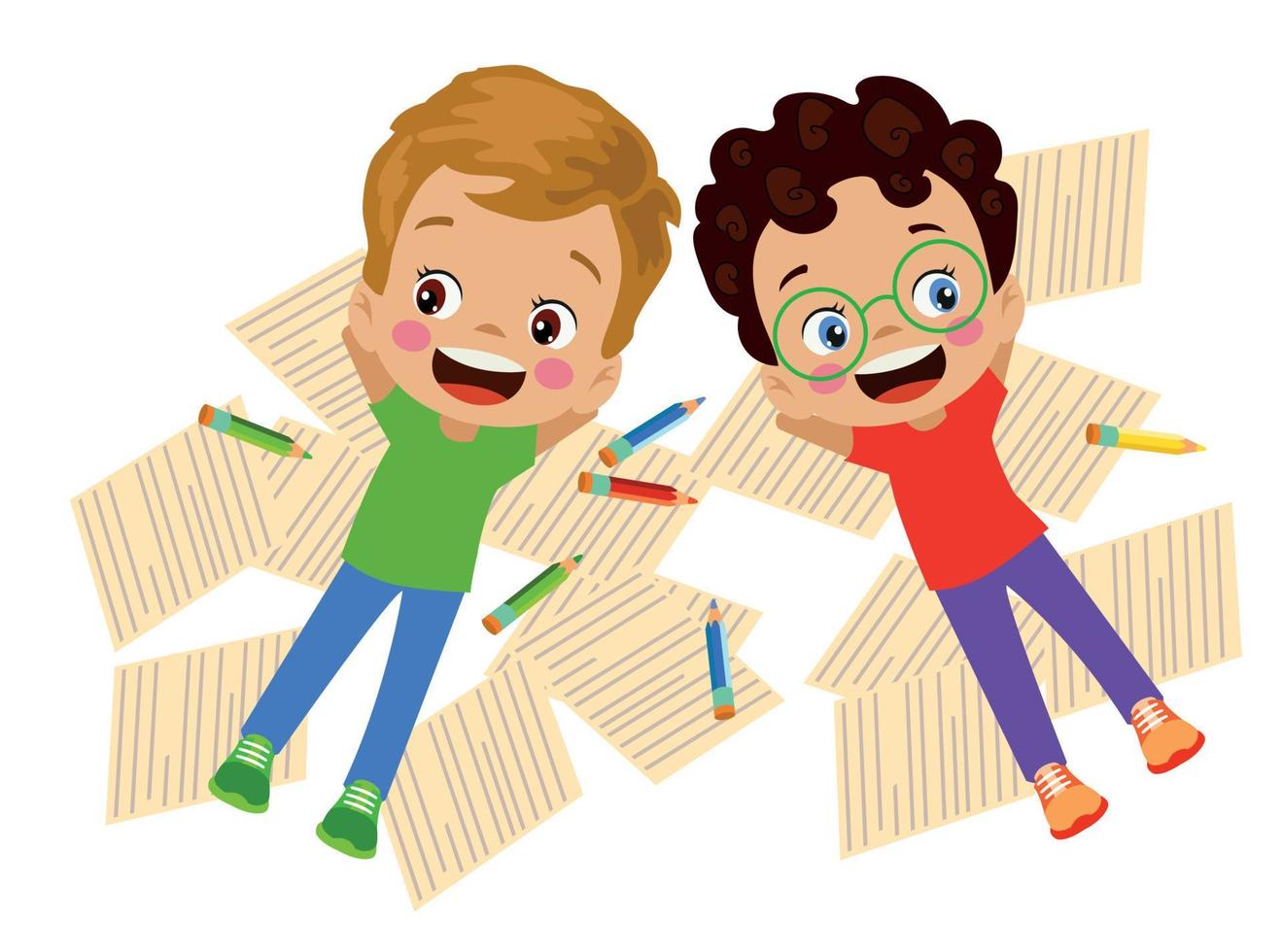 cute kids lying on papers looking at the sky vector