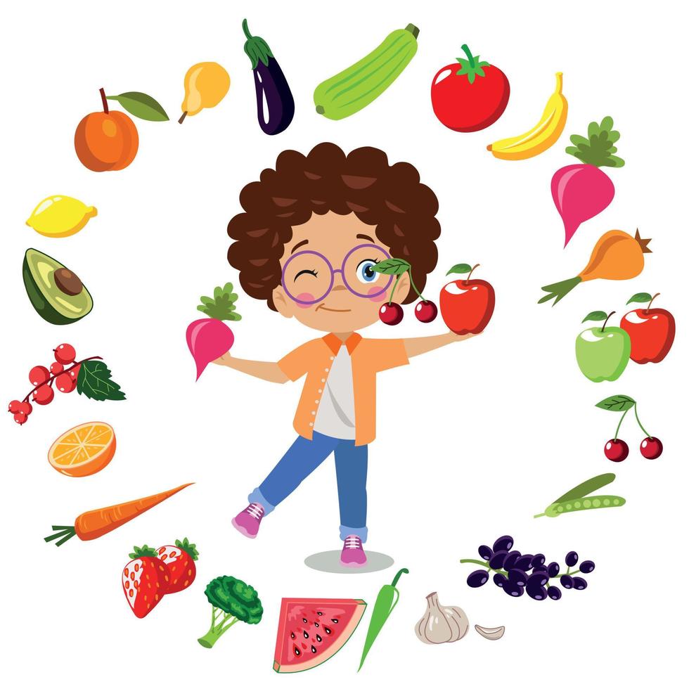 cute kids eating assorted fruits vector