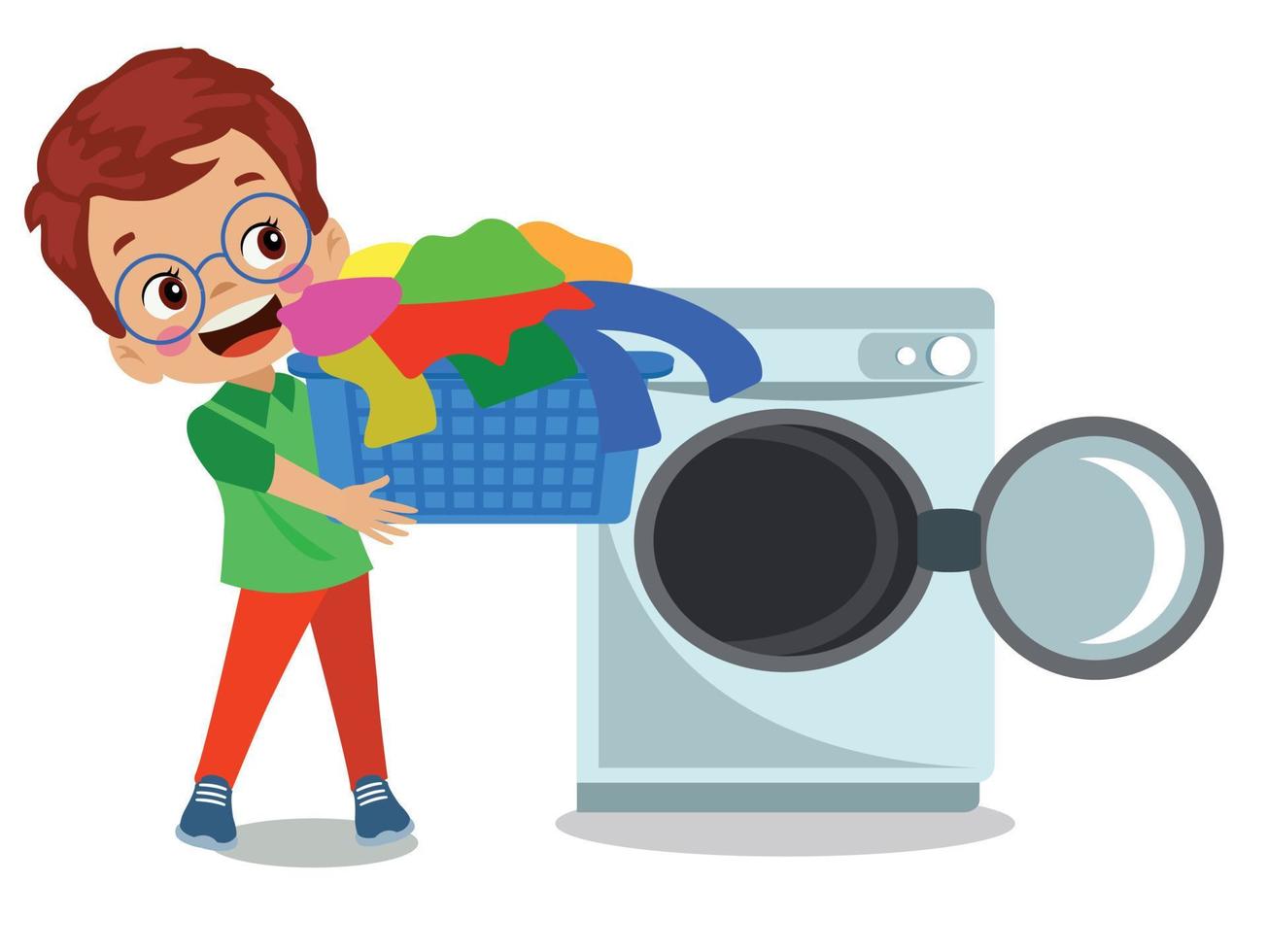 cute boy throwing dirty laundry into the washing machine vector