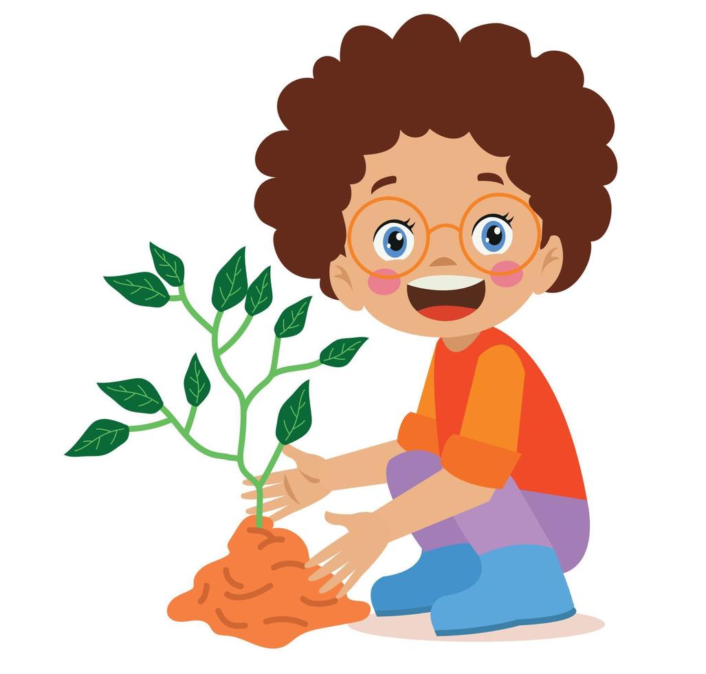 cute little happy boy planting a sapling vector