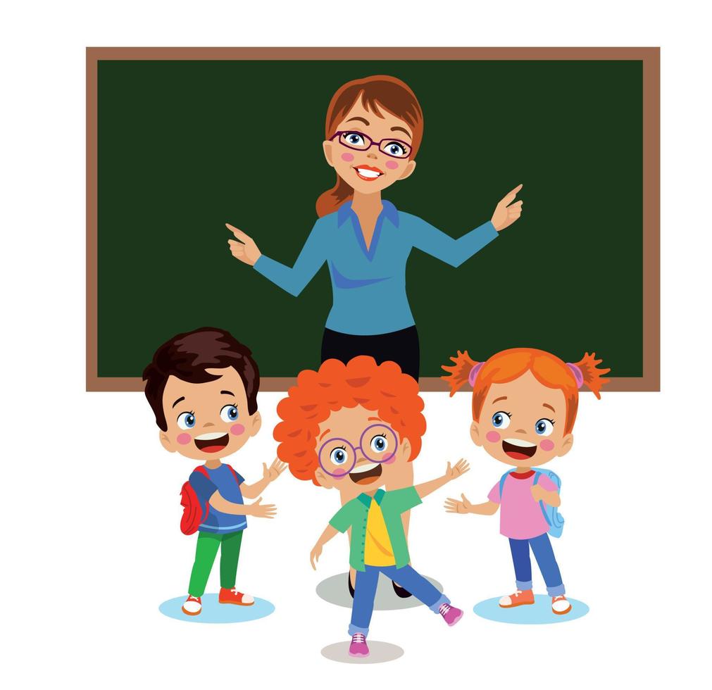 cute teacher and students teaching in front of classroom lesson board vector