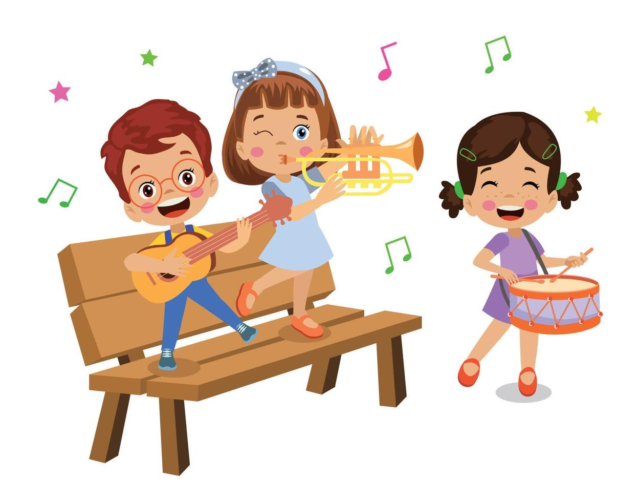 cute kids playing guitar and trumpet on bench vector