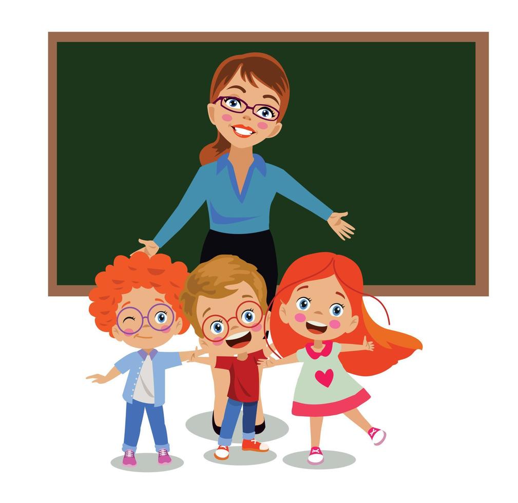 cute teacher and students teaching in front of classroom lesson board vector