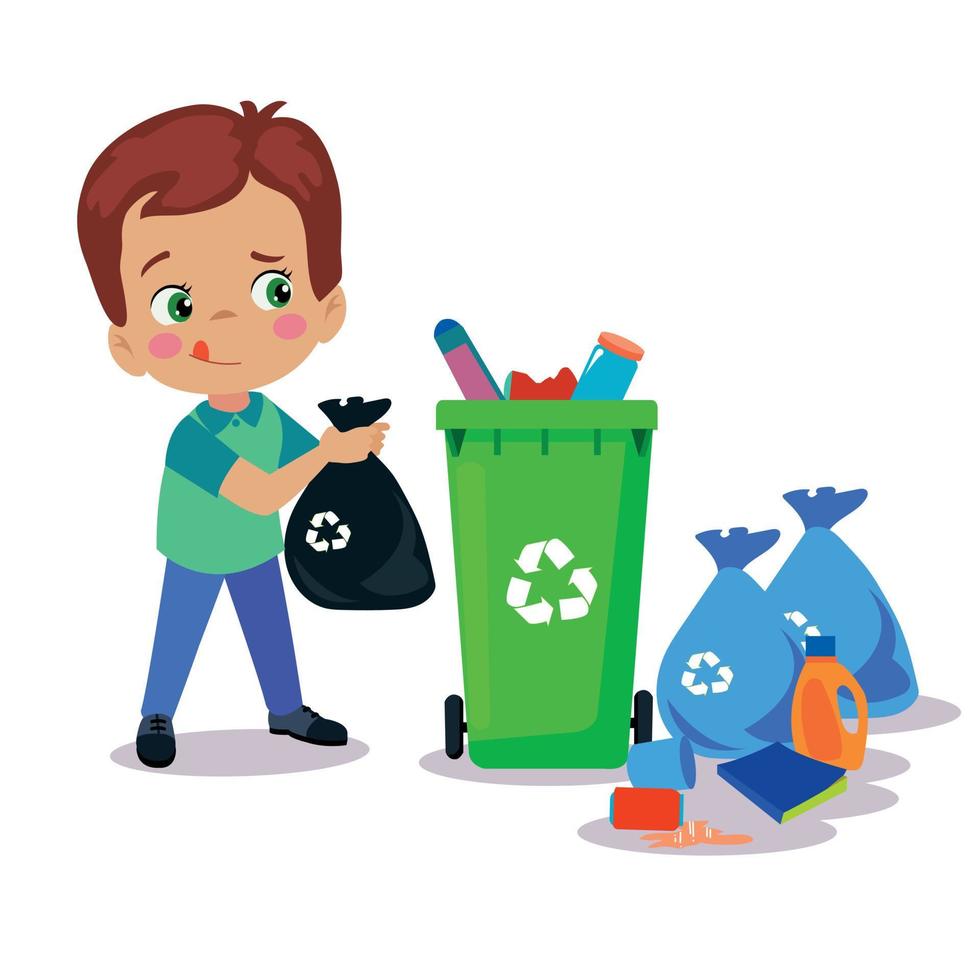 cute boy throwing trash in recycle bin vector