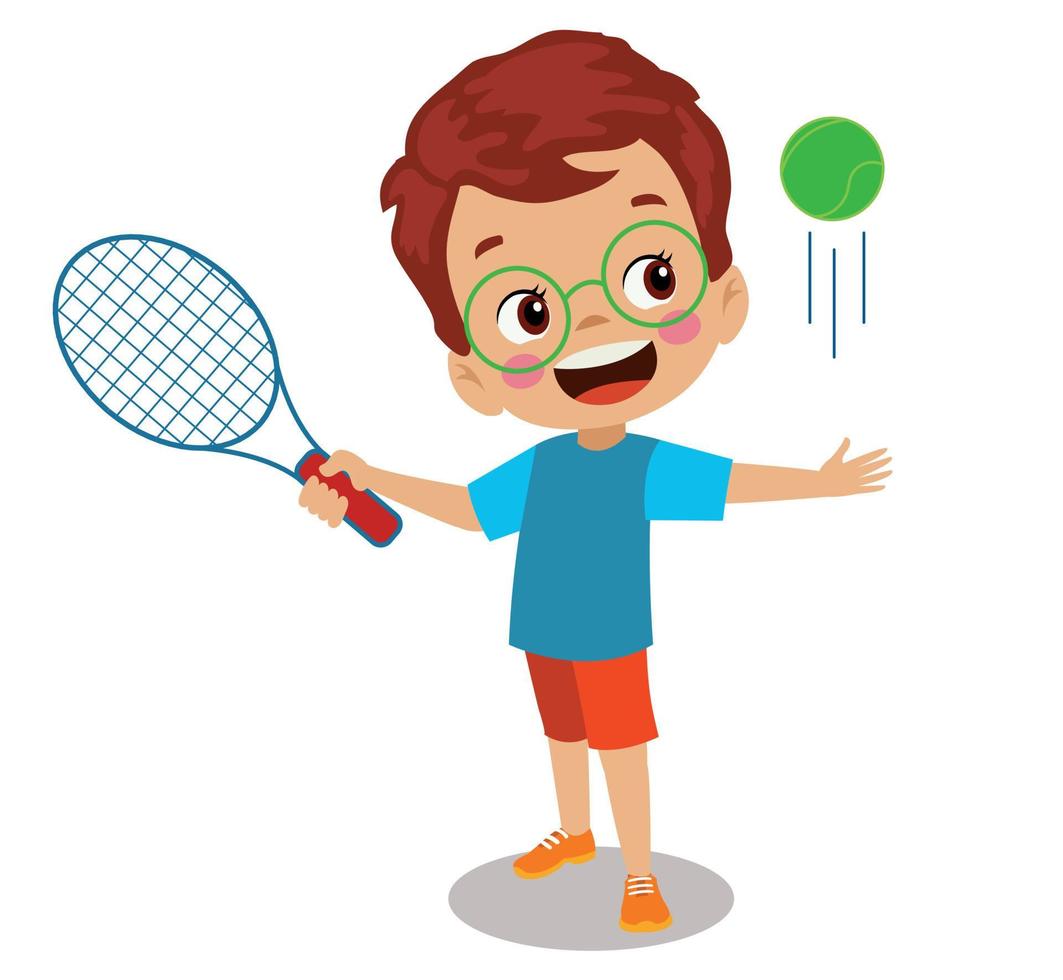 lindo niño feliz jugando al tenis vector