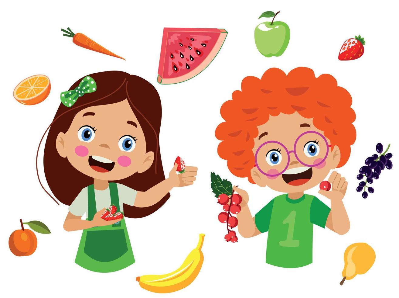 niños lindos comiendo frutas variadas vector