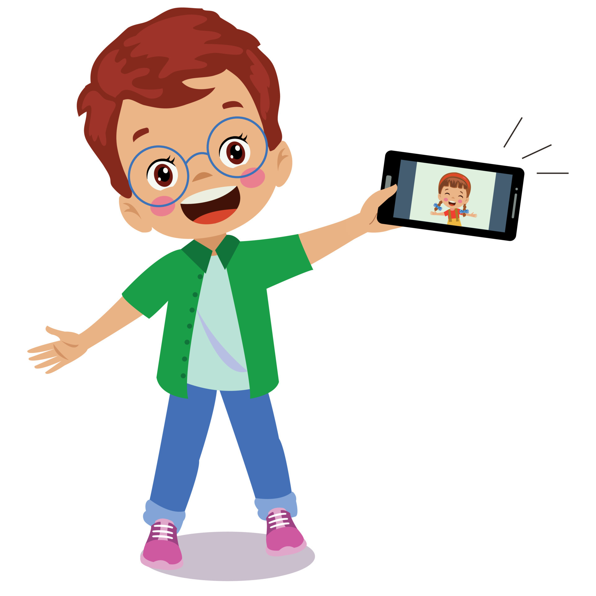 Video Conference. Cute little Kid using tablet for video call with friend.  Children happy smile using internet technology for talking. girl face on  screen. Vector cartoon illustration for call 14830691 Vector Art