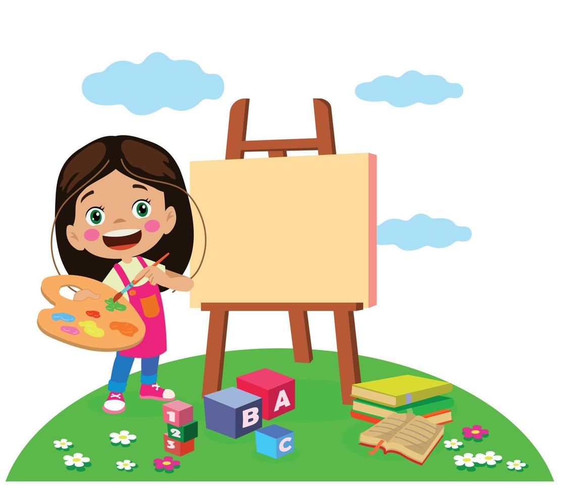 cute painter girl painting and her beautiful painting vector