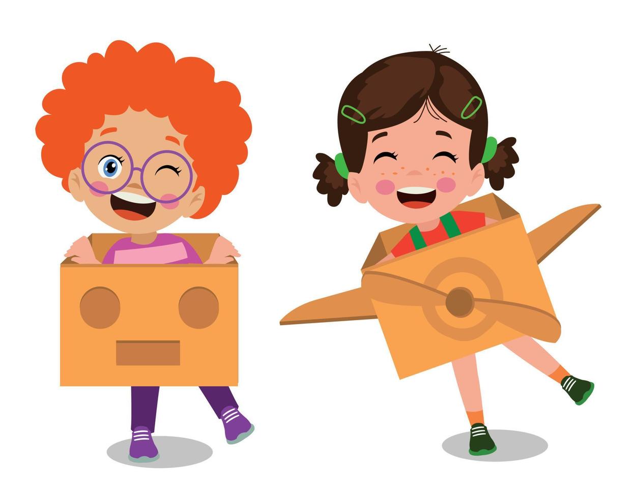 happy kids playing with cardboard car and cardboard airplane vector