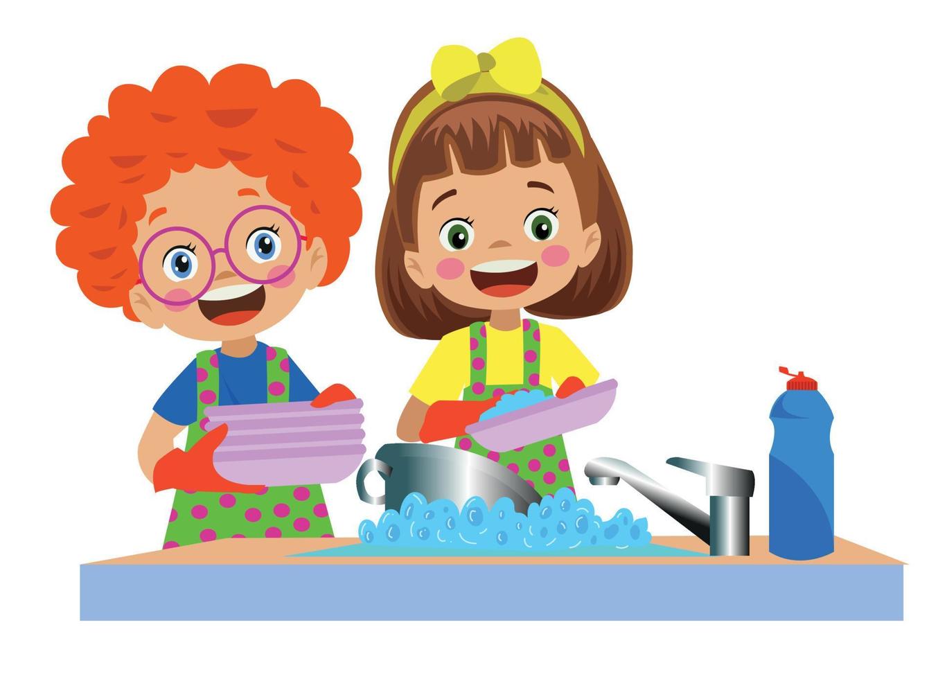 cute boy and girl washing the accumulated dishes vector