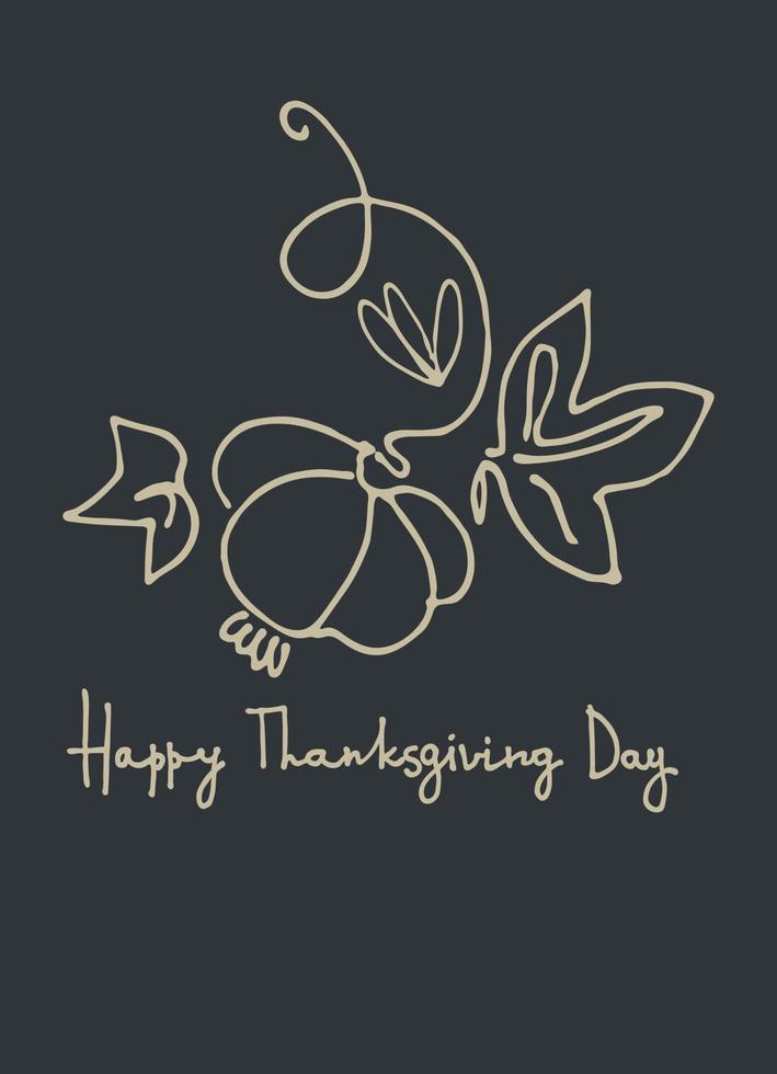 Card Happy Thanksgiving Day cozy holiday design. Hand-lettered greeting phrase with country house, pumpkins, autumn leaves vector