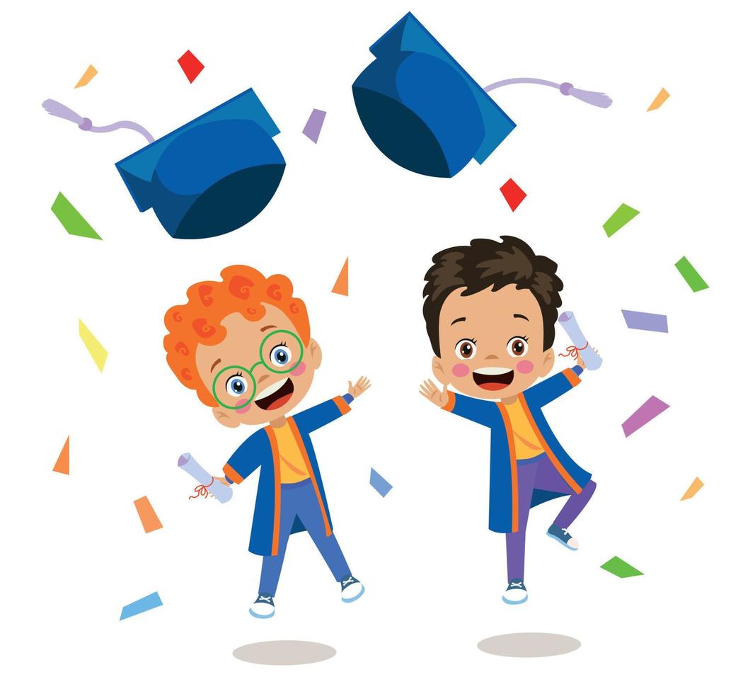 cute kid graduating graduation throwing cap vector