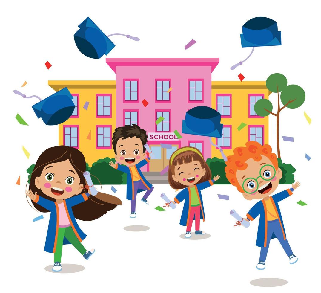 cute kid graduating graduation throwing cap vector