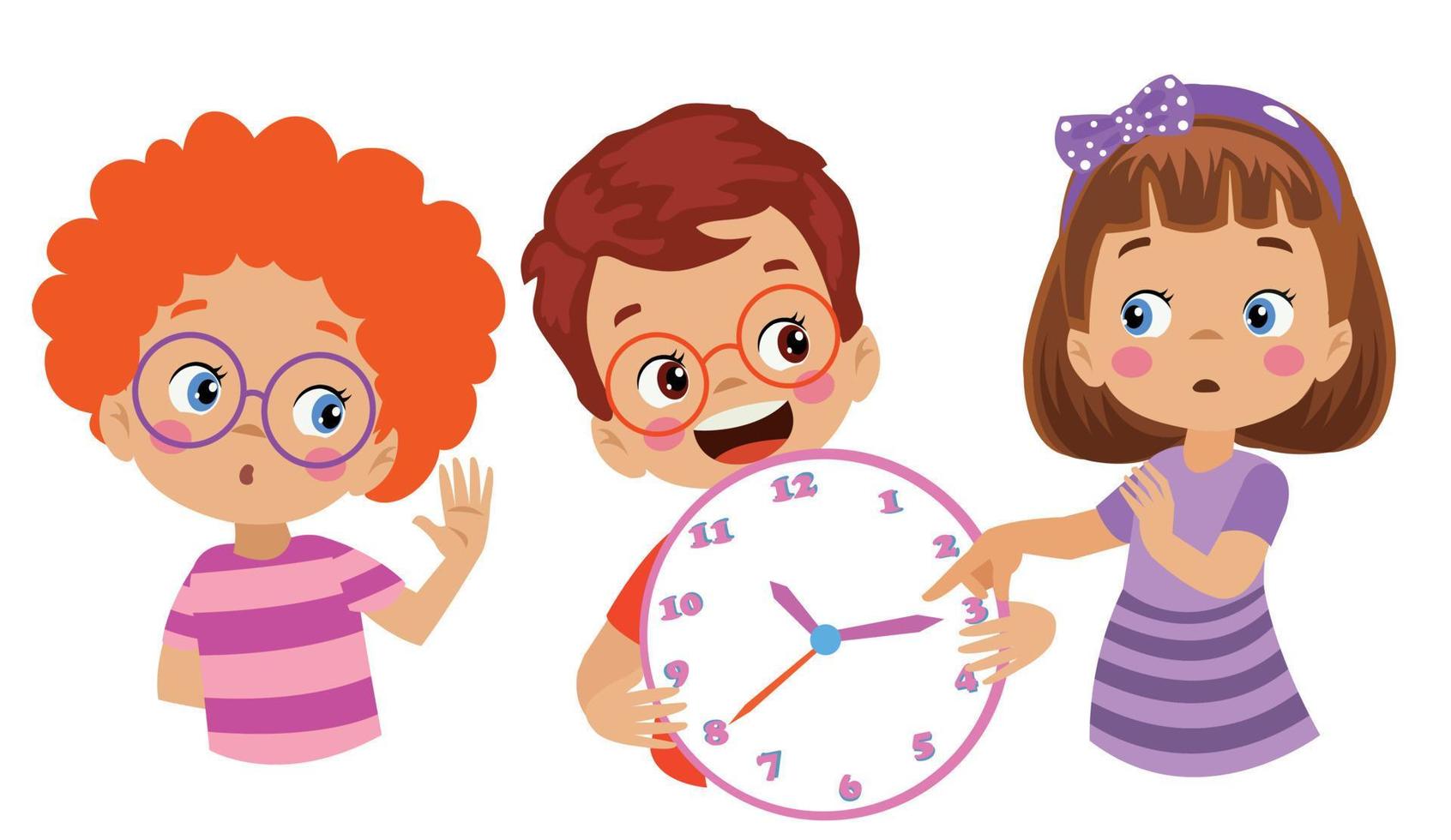 lindos niños felices sosteniendo el reloj vector