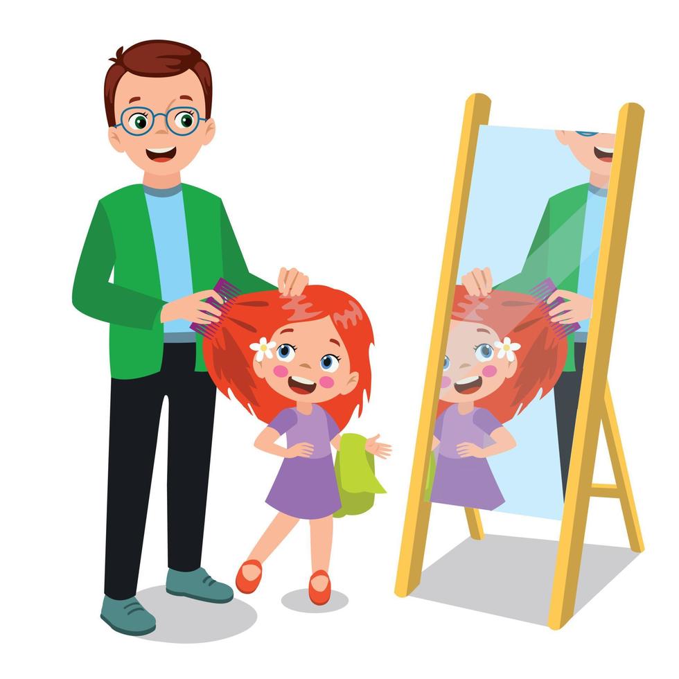 father combing his daughter's hair vector