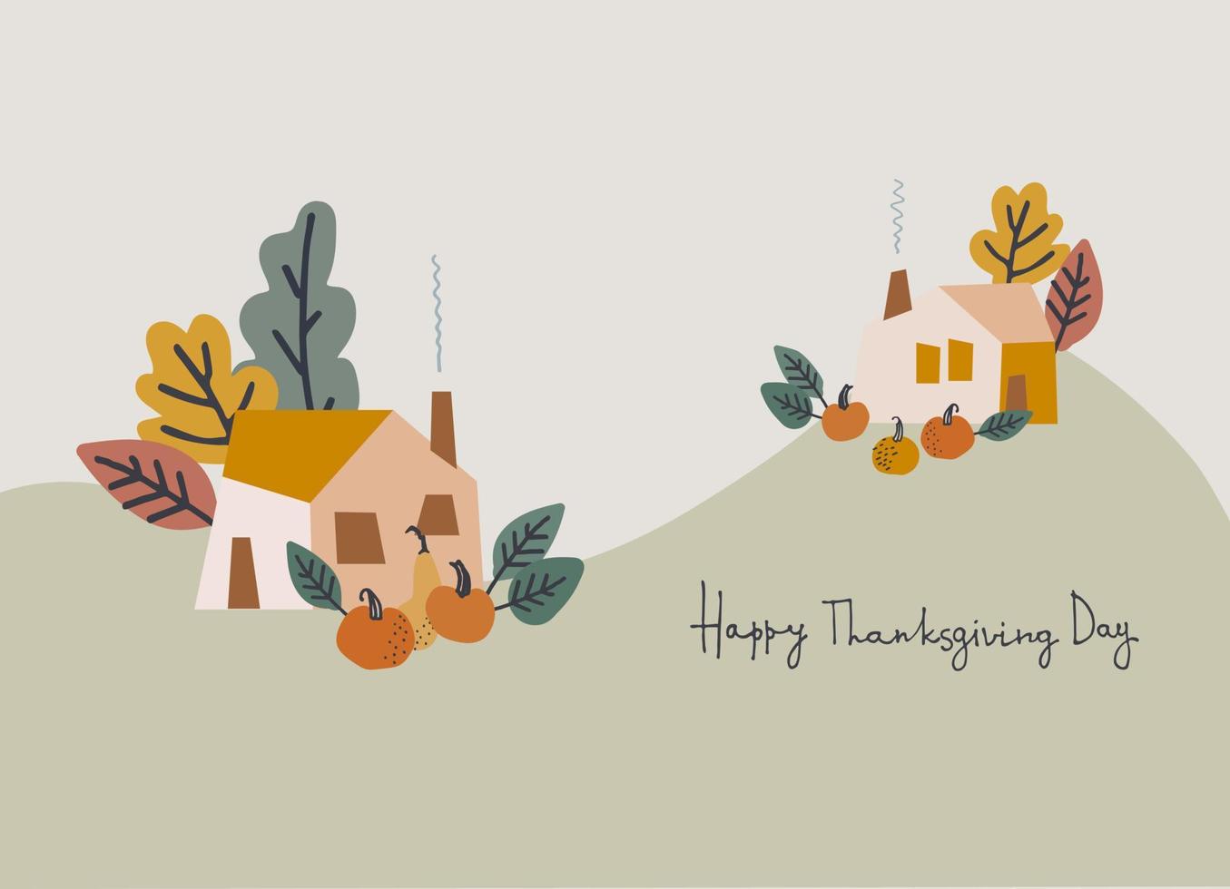 Happy Thanksgiving Day cozy holiday design. Hand-lettered greeting phrase with country house, pumpkins. Greeting card template vector