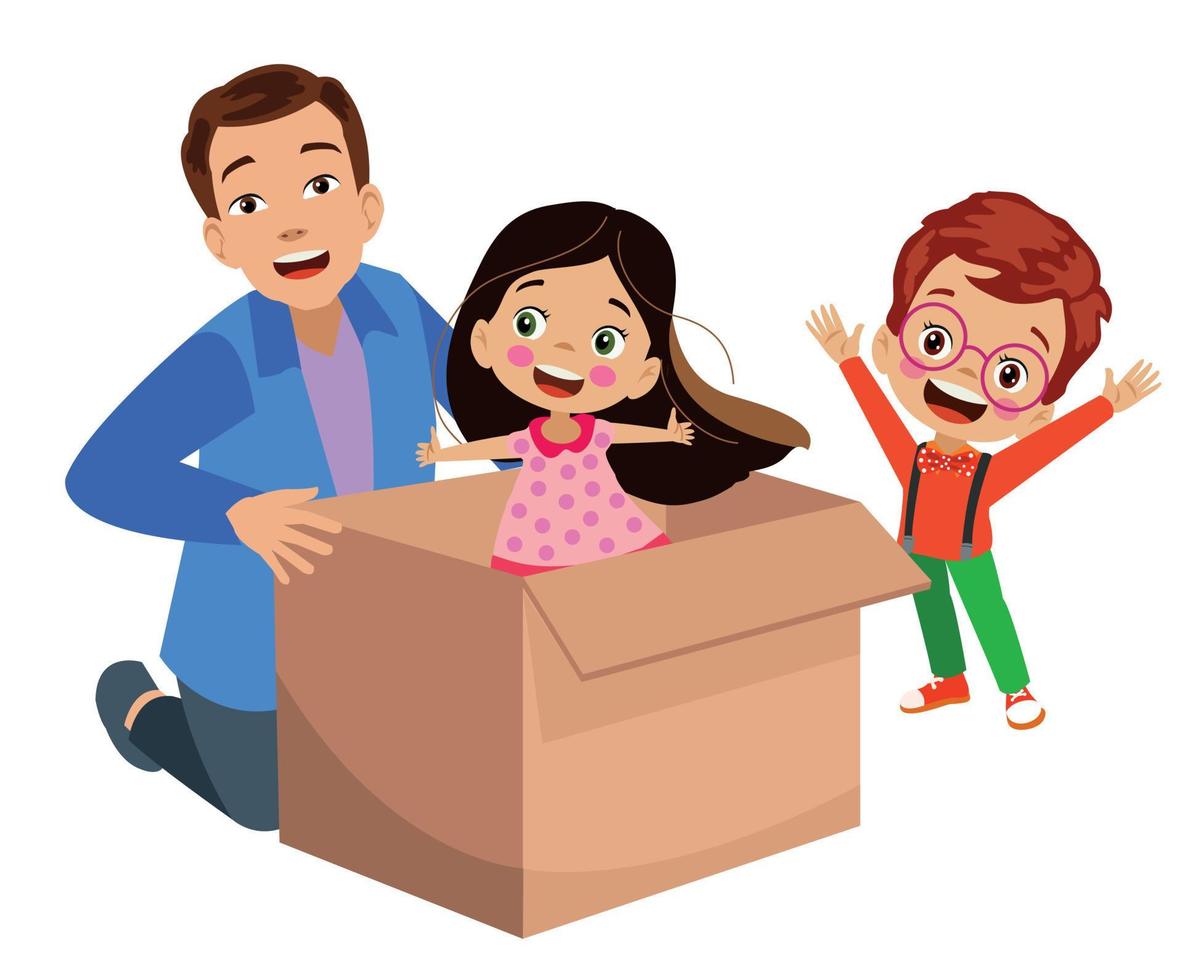cute boy brother and father in box vector