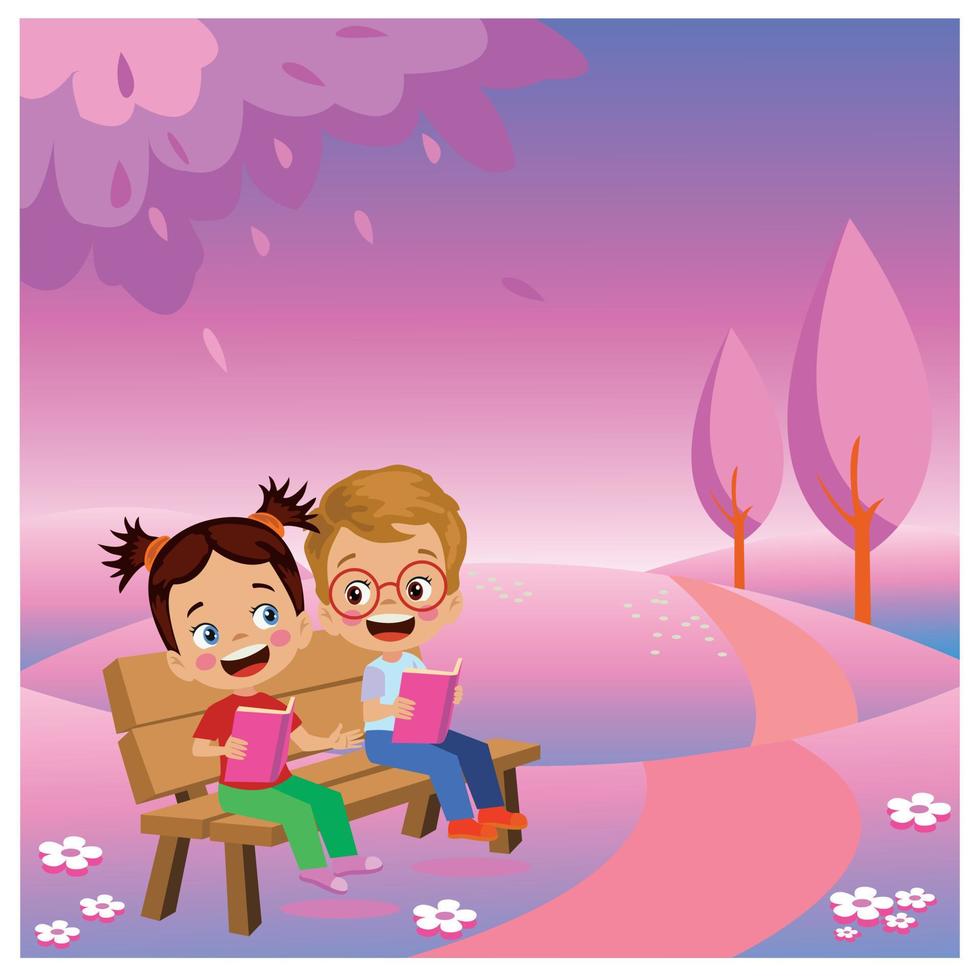 cute happy kids reading book vector