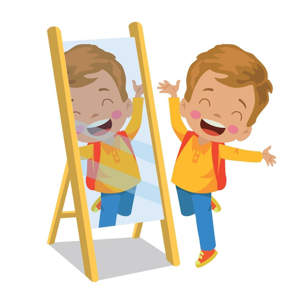 cute happy boy looking in the mirror vector