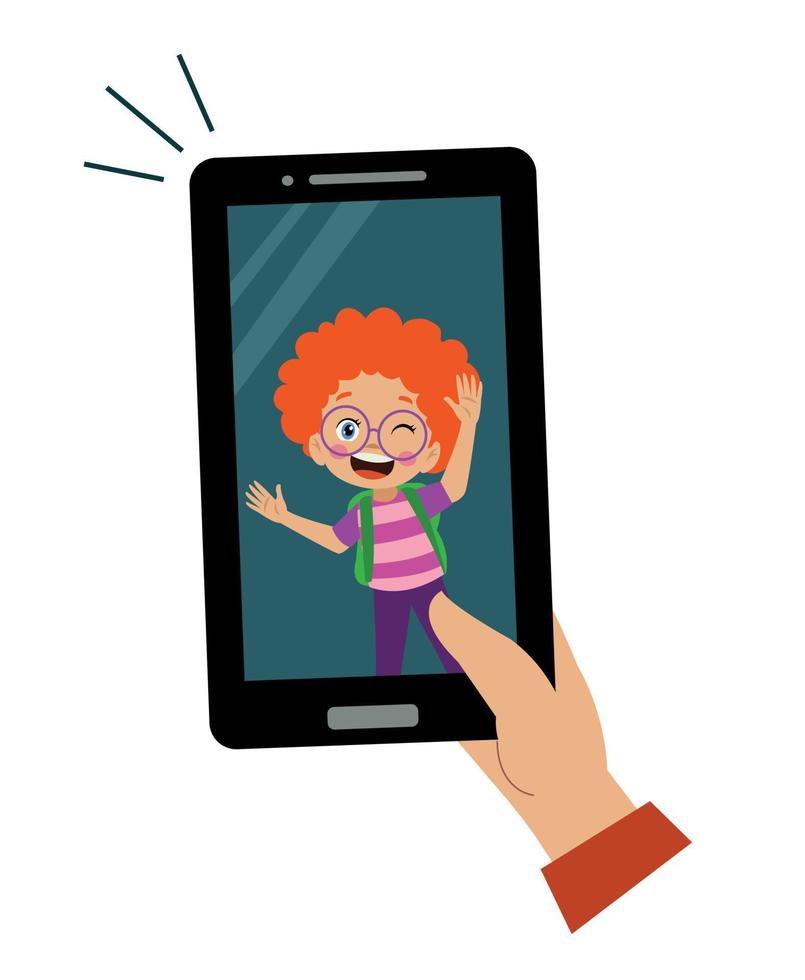 Video Conference. Cute little Kid using tablet for video call with friend. Children happy smile using internet technology for talking. girl face on screen. Vector cartoon illustration for call