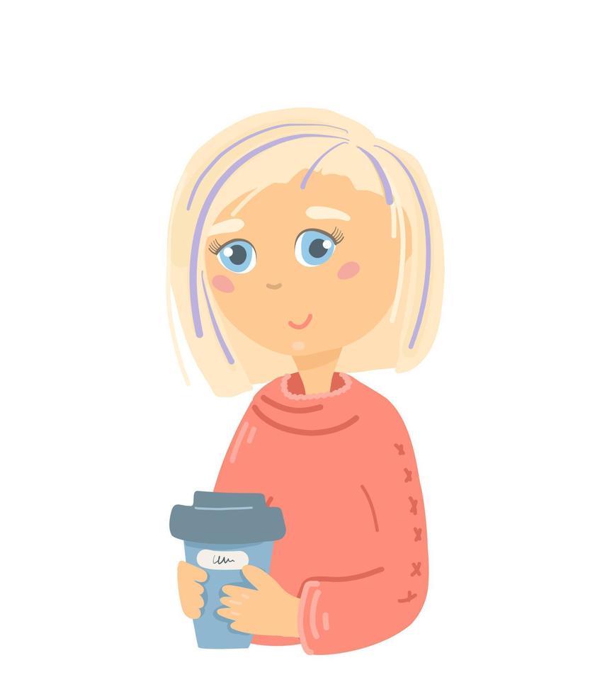 Vector illustration of a young girl with coffee. Blonde girl holding takeaway coffee.