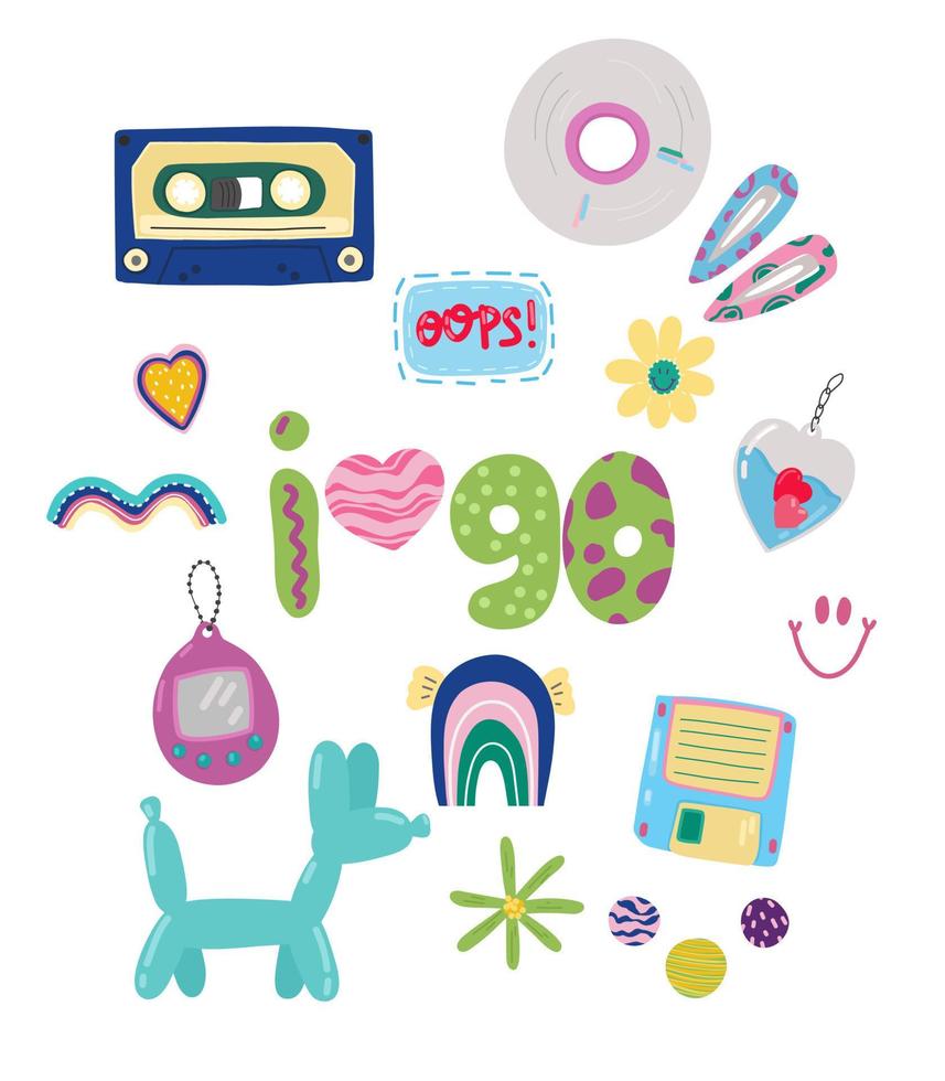 A colorful set of y2k trendy retro stickers style of the 90s.Hipster fashion. vector