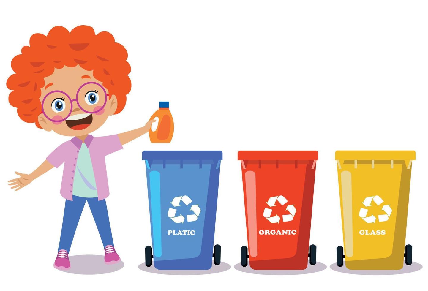 cute boy throwing trash in recycle bin vector