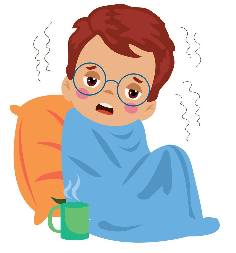 cold sick boy wrapped in blanket vector