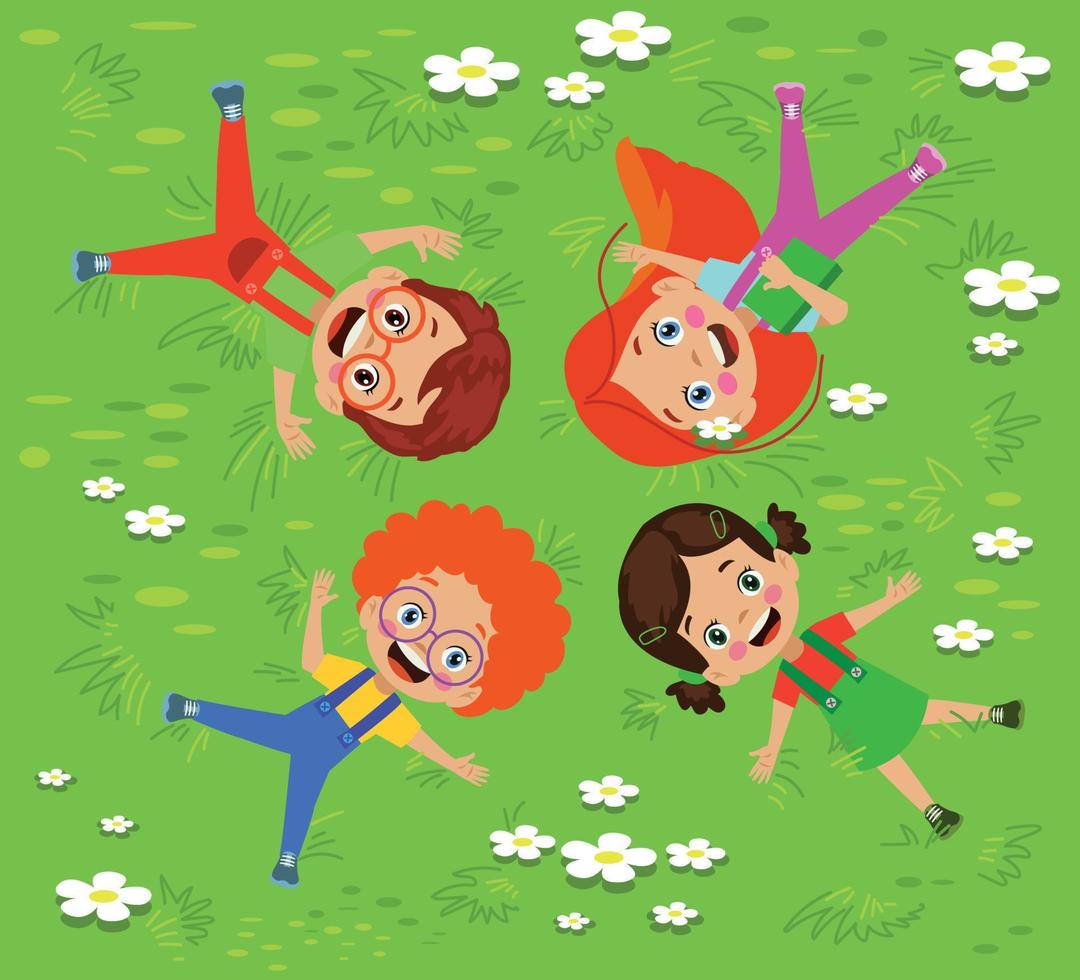 niños lindos felices sonriendo acostados en la hierba vector