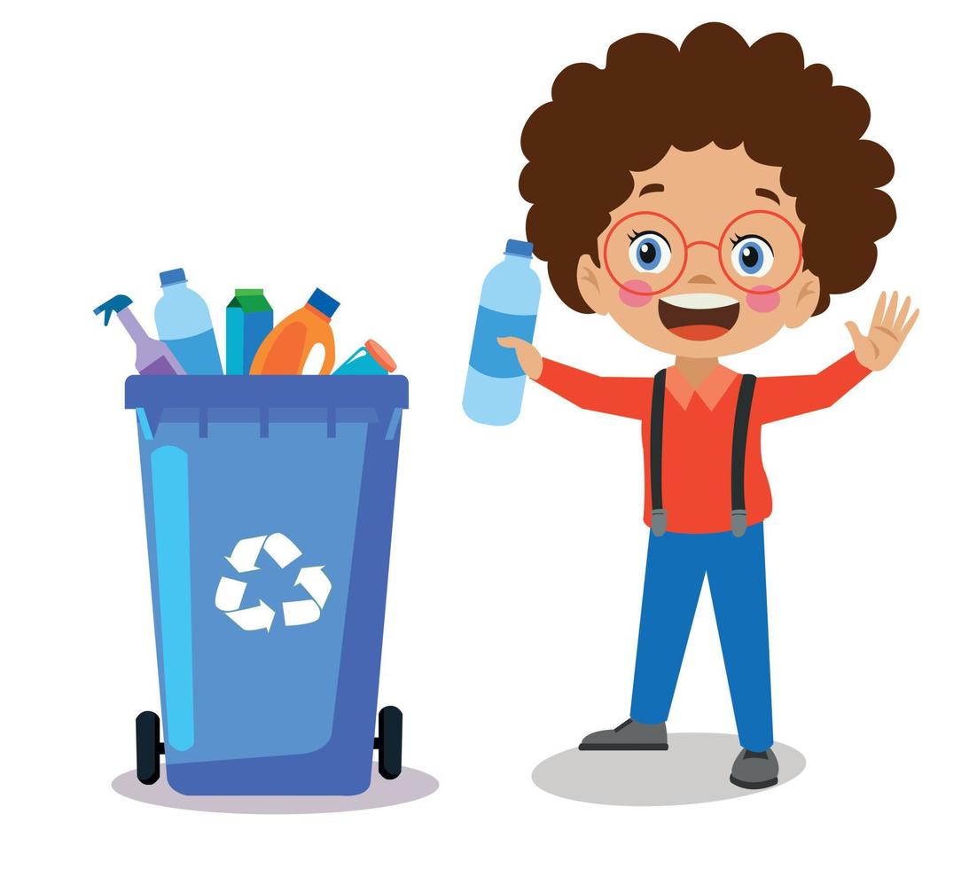 cute boy throwing trash in recycle bin vector