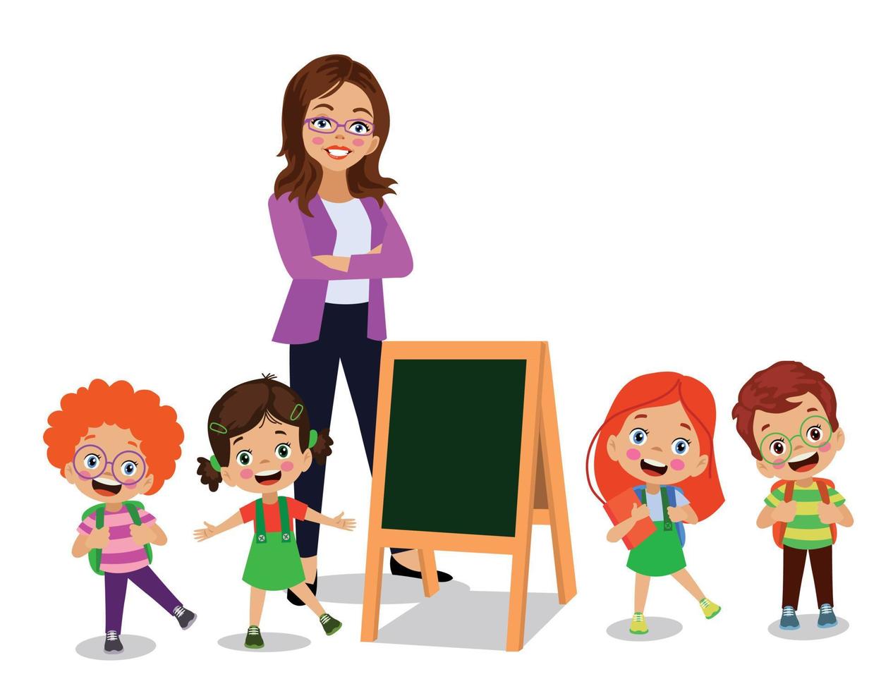 teacher and cute students at blackboard vector