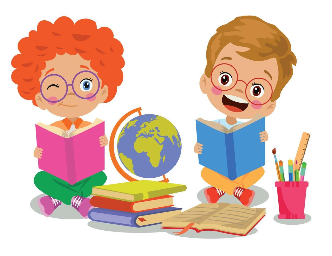 cute happy kids reading book vector