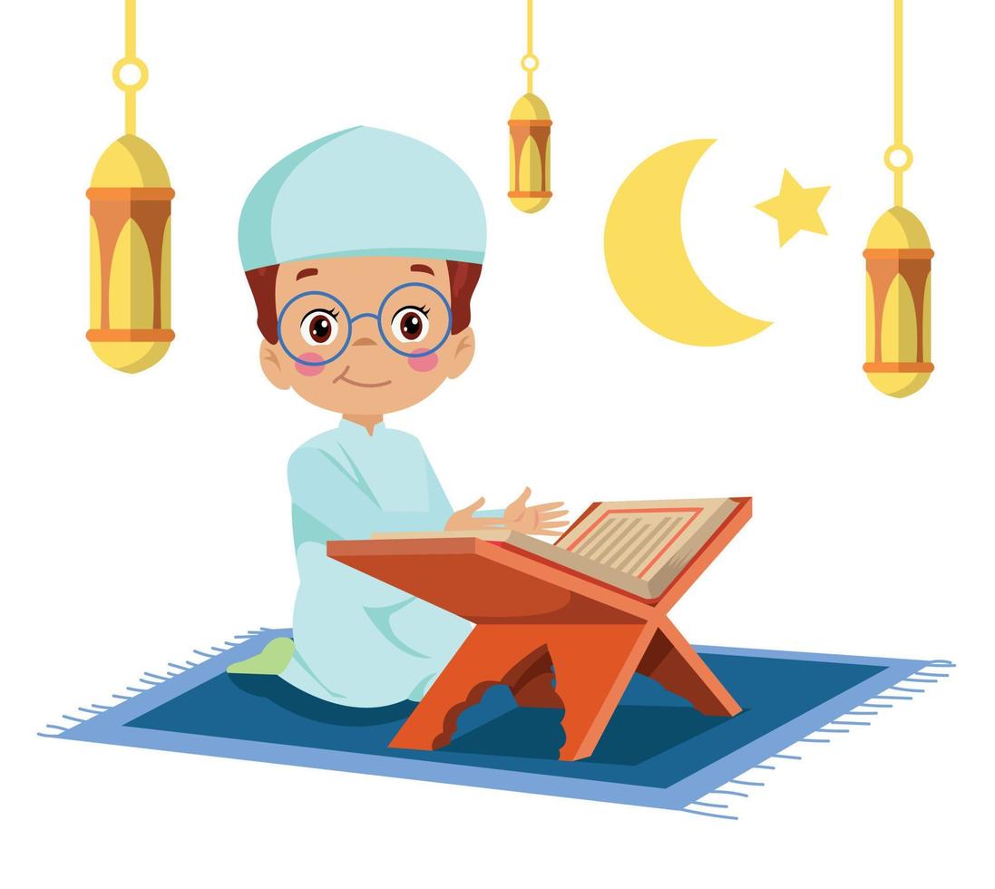 cute happy boy reading quran vector