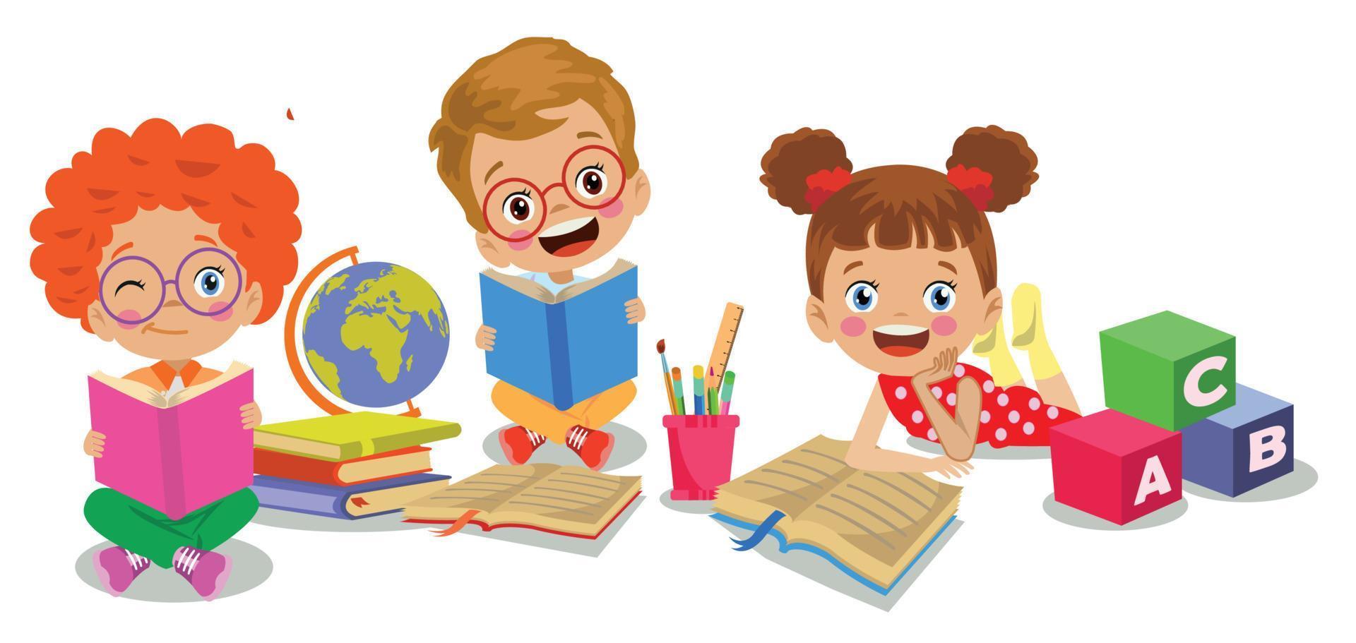 cute happy kids reading book vector