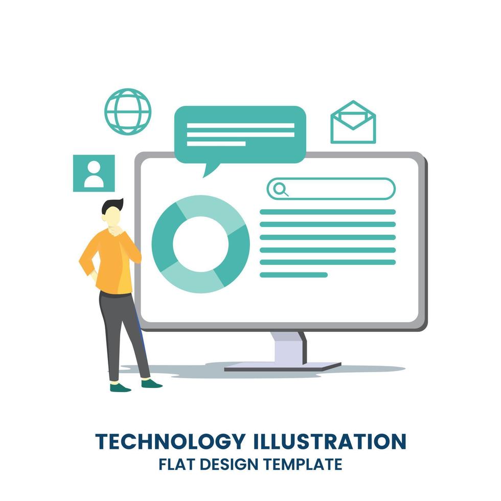 Person looking at diagrams and indicators on computer screen. Concept of software for system data monitoring, control panel or dashboard. vector