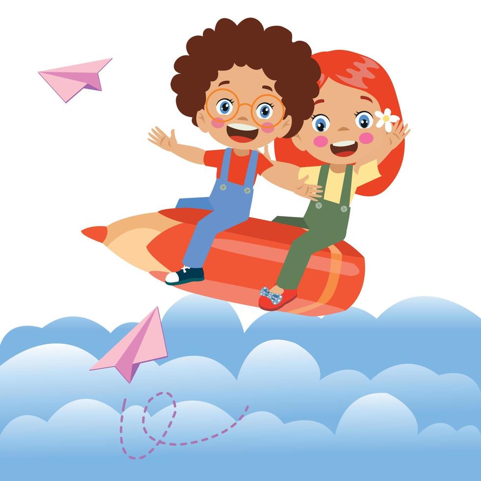 cute boy flying on pencil vector