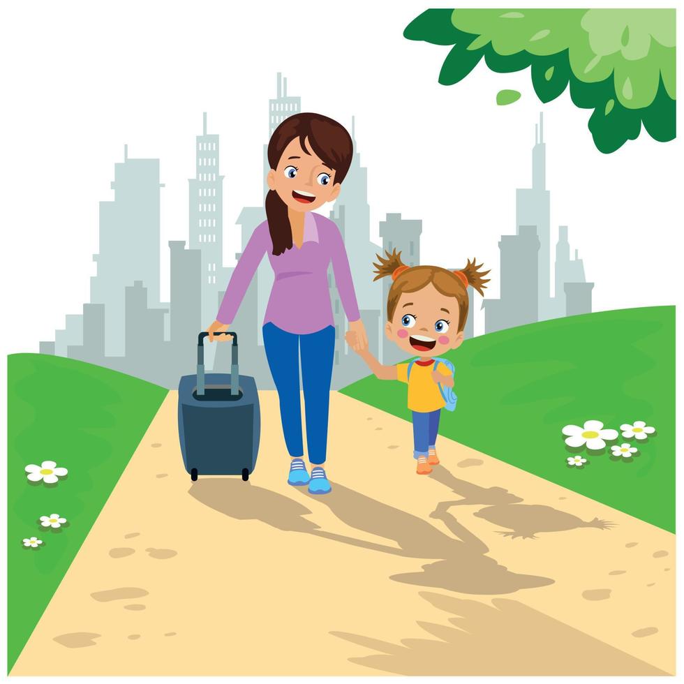 madre e hija caminando en el parque con maletas vector