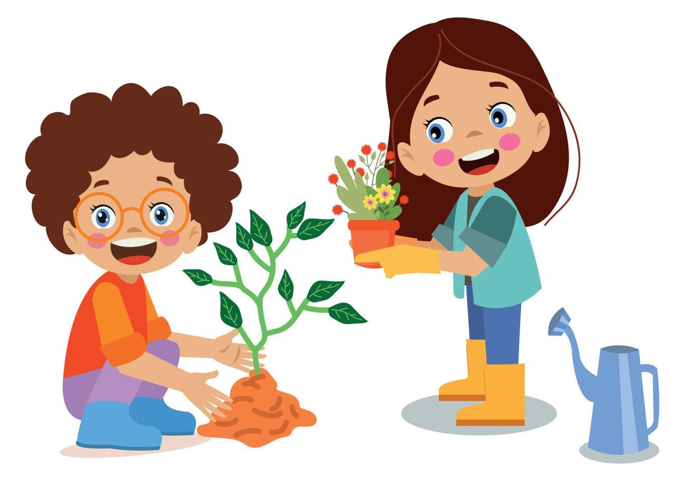 cute little happy boy planting a sapling vector