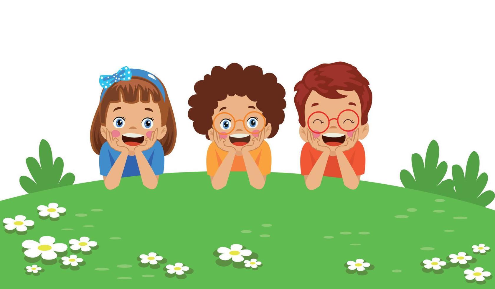 lindos niños felices en flores en el campo vector