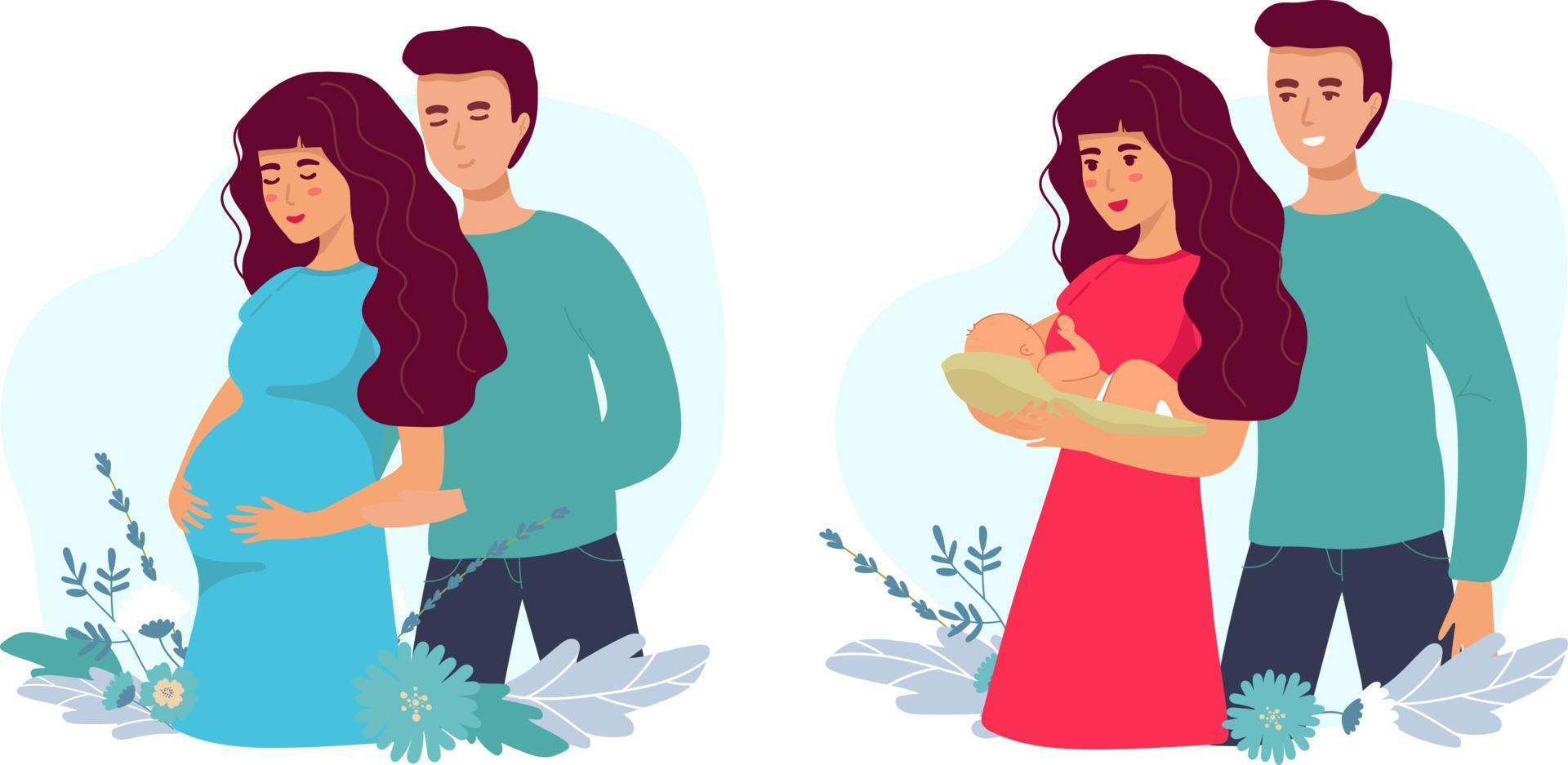 Set of illustrations about pregnancy and motherhood. Pregnant woman with tummy with Dad. Lady with a newborn baby. Flat stock vector illustration.