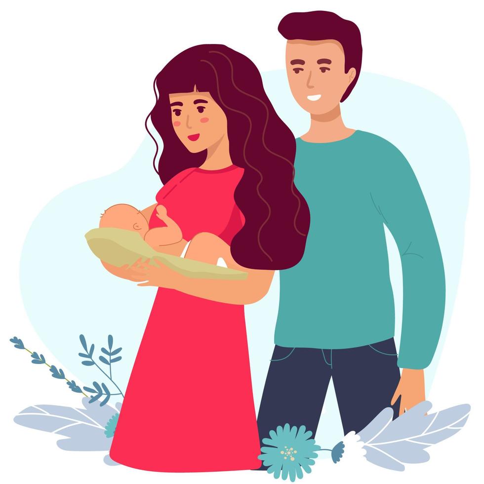 ilustraciones sobre el embarazo y la maternidad. mujer embarazada con barriga con papá. señora con un bebé recién nacido. ilustración vectorial de material plano. vector