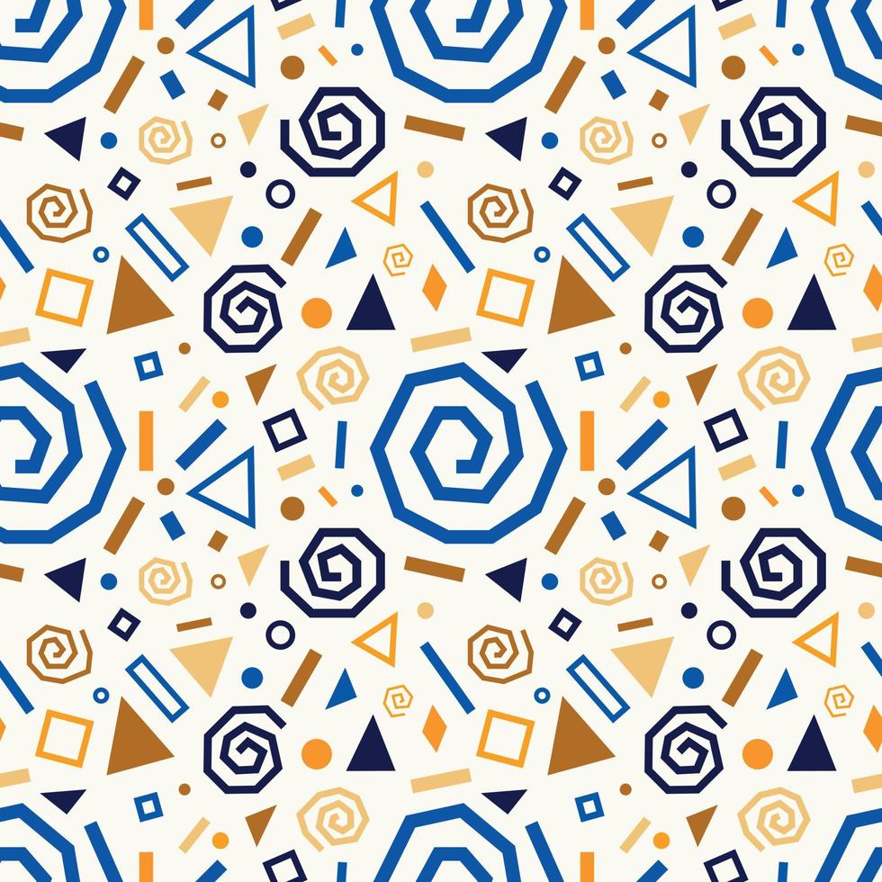 Festive seamless pattern with gold and blue doodles, swirls, stars, geometric elements vector