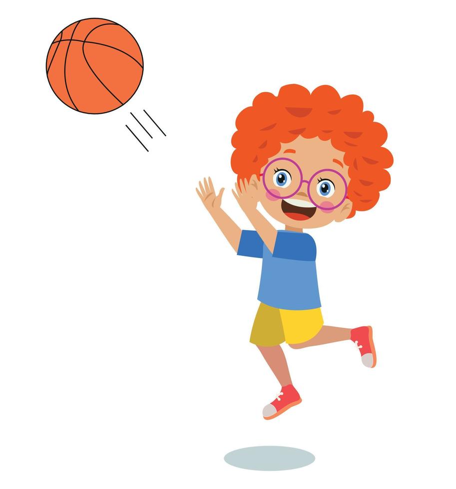 pelota de baloncesto y lindos niños deportivos felices vector